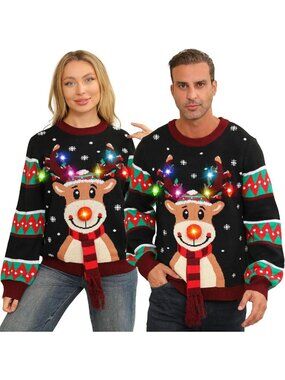 Light Up Ugly Christmas Sweater for Couples, Funny Reindeer LED Xmas Sweater